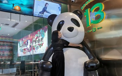 廣場(chǎng)中心擺放大型玻璃鋼仿真熊貓雕塑